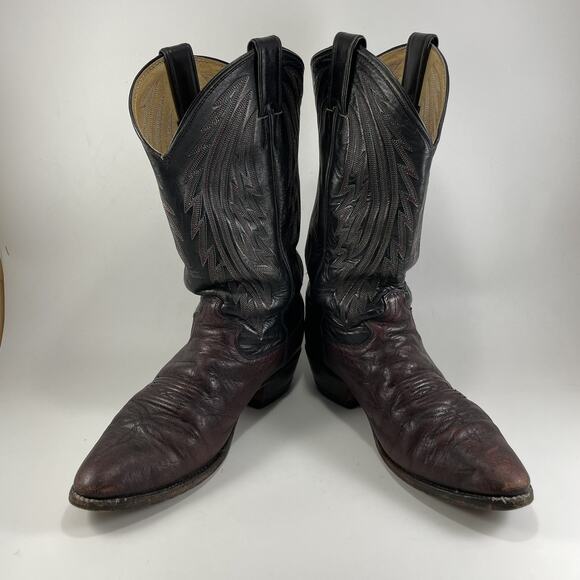 Justin Cowboy Boots Mens Size 9D Two Tone Burgundy Black Leather Almond Toe 1509 - Picture 2 of 10